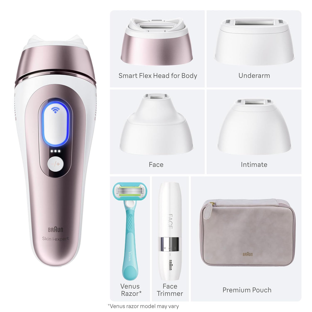 Braun Skin i-Expert Smart IPL PL7219 at Home Laser Hair Removal for Women and Men with App, Premium Pouch, Venus Razor, 2 Smart Heads, Facial Trimmer